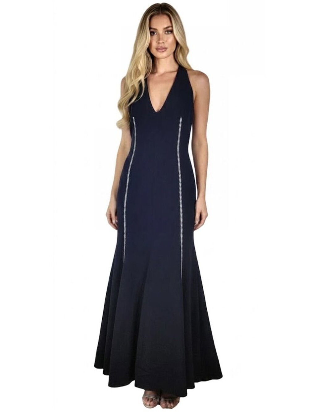 Gabriela Hearst Halter Maxi Dress with Contrast Stitching, Navy, Womens Size 8